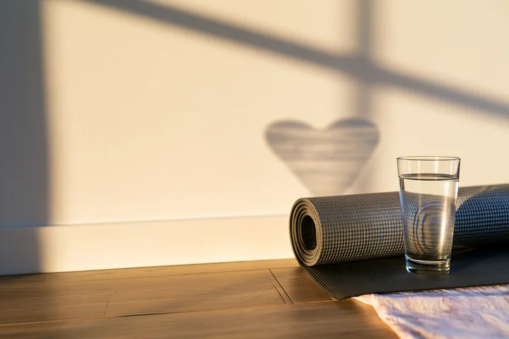 Heart-shaped shadow from window light falls on a wall beside a rolled yoga mat and glass of water.