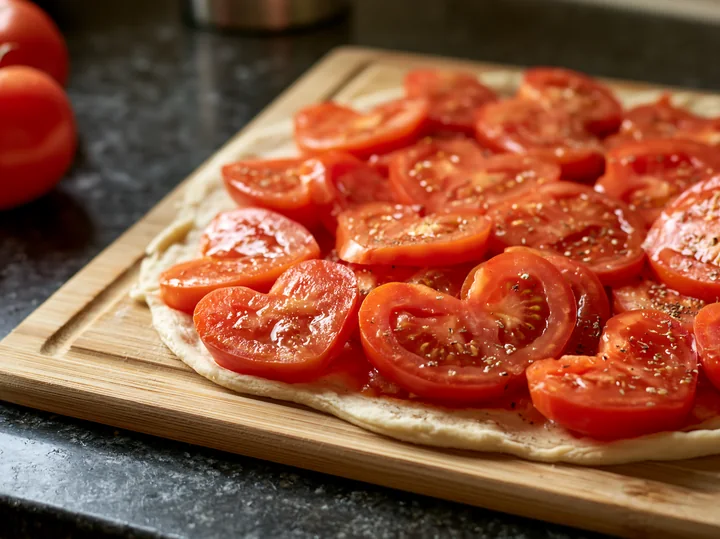 Heart-shaped tomato slices and other tomato pieces cover dough on a wooden cutting board.