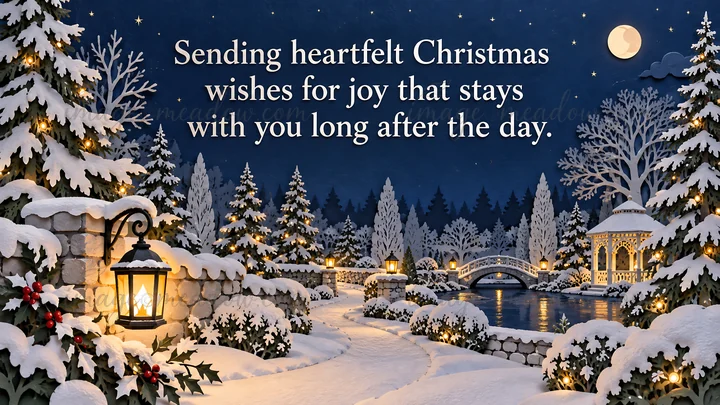 Christmas greeting illustration with the message “Sending heartfelt Christmas wishes for joy that stays with you long after the day.” above a snow-covered villa