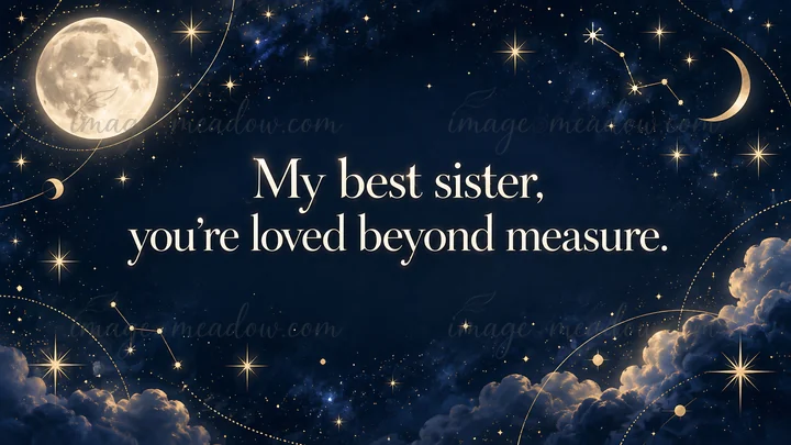 A heartfelt message reads “My best sister, you’re loved beyond measure.” in cream lettering against a deep navy celestial sky decorated with a full moon, cresce