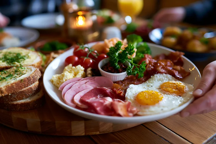 Hearty breakfast platter with fried eggs, bacon, ham, toast, tomatoes, and greens on a wooden table.