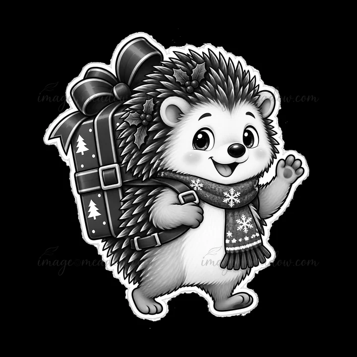 A cheerful hedgehog walks while carrying a large gift bag on its back. The bag features a bow and snowflake patterns. The scene captures a holiday spirit relate