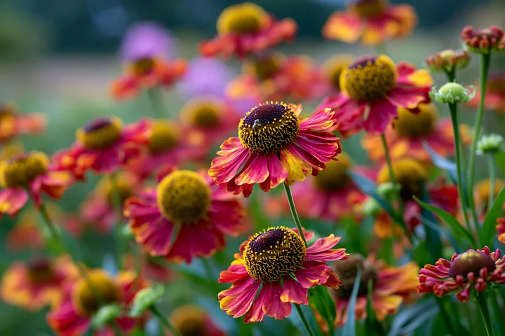 Helenium flowers bloom in a colorful border, showcasing red and yellow petals among vibrant green leaves.