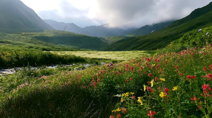 A brook flows through a meadow filled with colorful wildflowers. Green hills rise in the background with clouds gathered above the mountain peaks. The scene cap