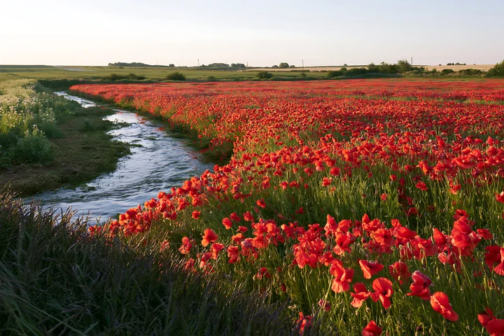 A meadow filled with bright red flowers stretches across the landscape. A natural watercourse flows gently through the field, reflecting the open sky above duri