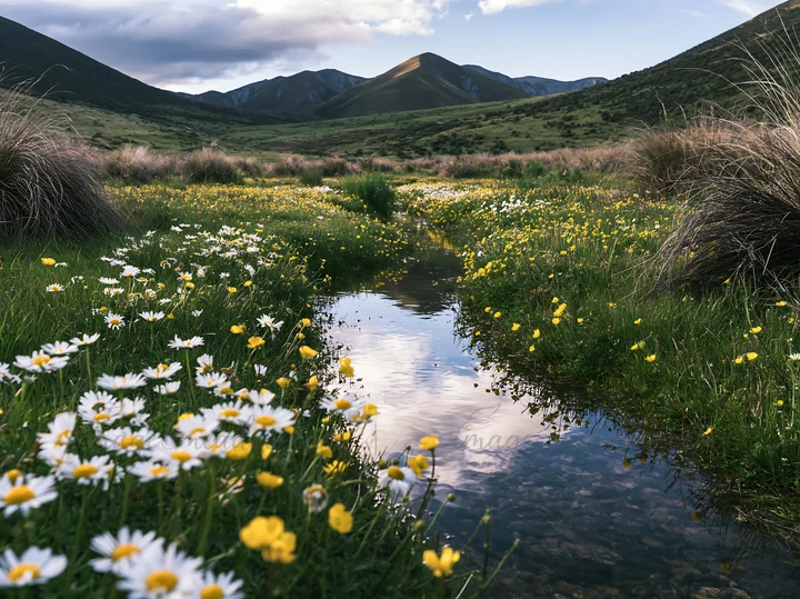 A winding stream flows through a meadow filled with various flowers. The scene captures mountains in the background under a partly cloudy sky. The flowers add c