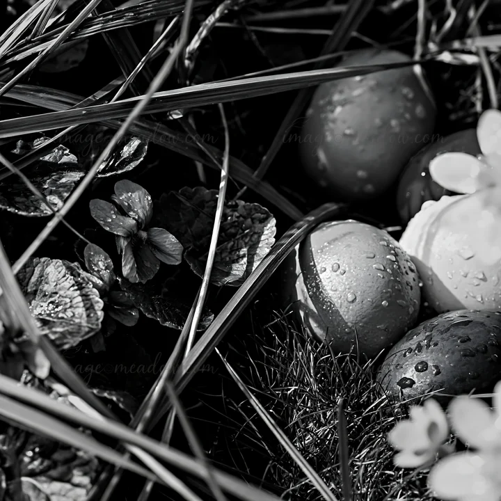 Eggs in various colors rest among green grass and leaves. Water droplets cover their surface, indicating recent rain. This scene captures a moment in a glen dur