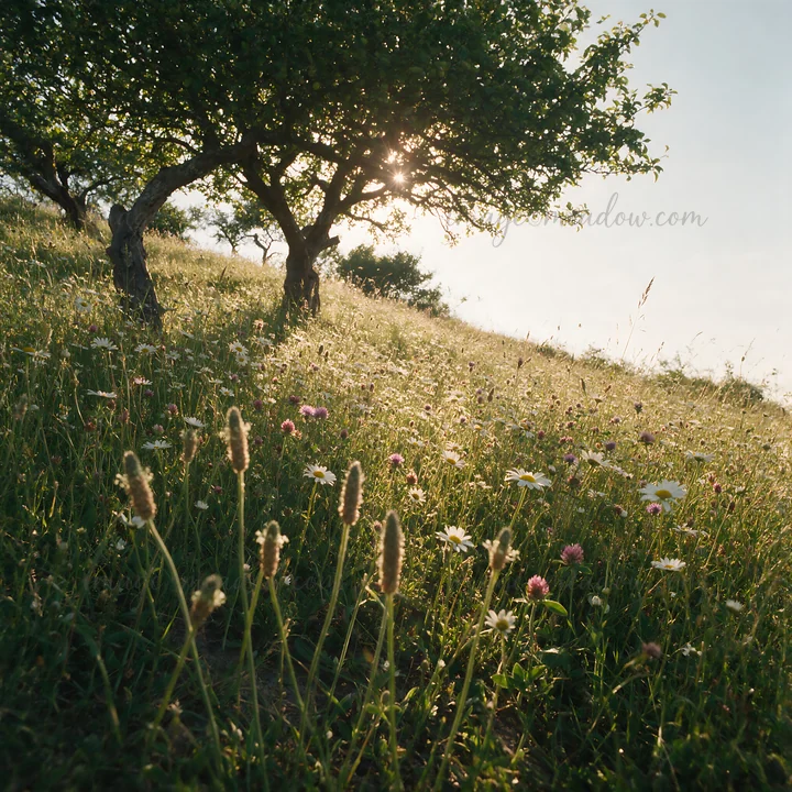 A hillside apple meadow features trees and a variety of flowers during a sunny day. The sunlight filters through the leaves, creating a bright atmosphere.
