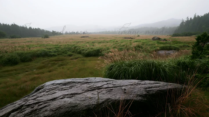 A smooth rock lies in the foreground of a meadow in Hiroshima, surrounded by grass and trees. The scene is rainy and fog fills the landscape creating a soft atm