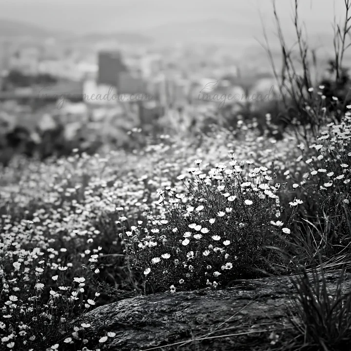 A meadow in Hiroshima features smooth rocks and blooming flowers during rain. The background shows the city blurred by the weather. The scene captures nature an