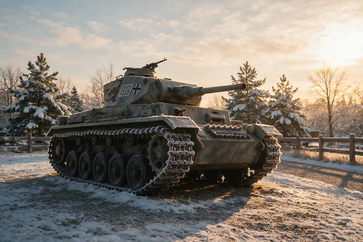 Historic panzer tank on outdoor museum display in snow beneath a warm sunset sky.