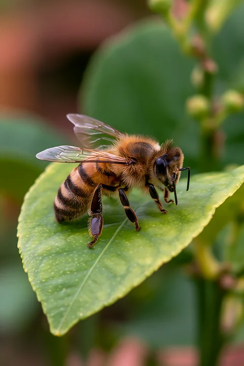 Honey bee resting on a green leaf with detailed wings and body hairs against a blurred garden background.