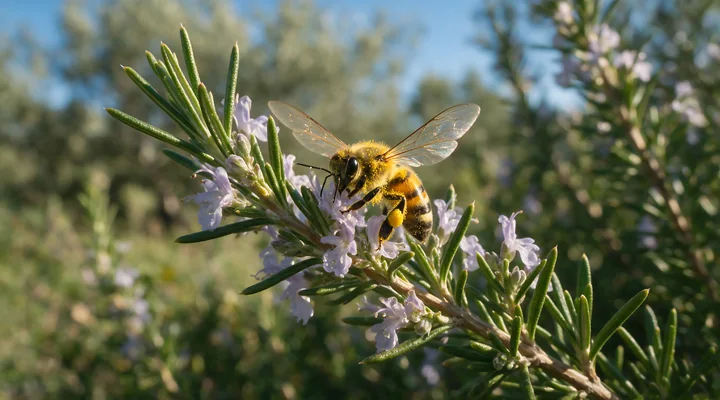 Honey bee with open wings landing on pale rosemary flowers in warm natural light.