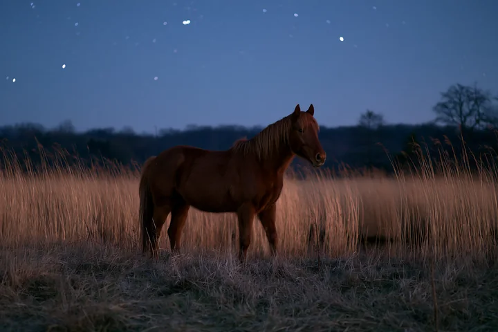Horses crossing a field beneath stars at dusk with tall grass and a darkening sky.