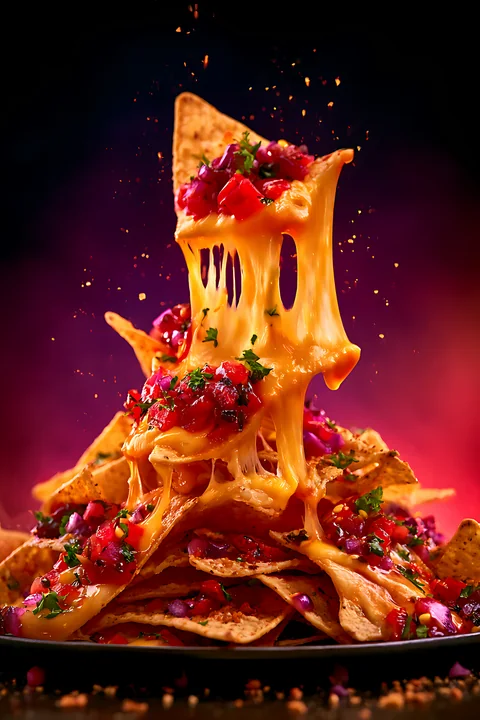 Hot nachos stack high with melted cheese and fresh tomato salsa.