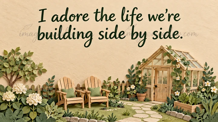 A love greeting with the words “I adore the life we're building side by side.” above a miniature garden scene with two wooden chairs, a greenhouse, flowers, gre