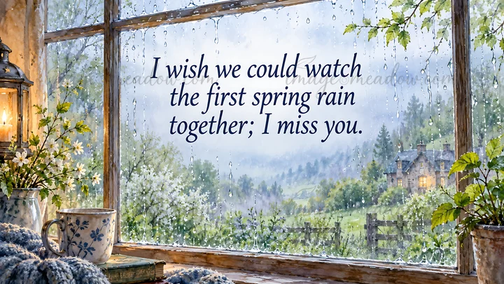 A watercolor-style greeting illustration shows blossoms, a mug and lantern beside a rain-speckled window overlooking a green cottage landscape. The message read