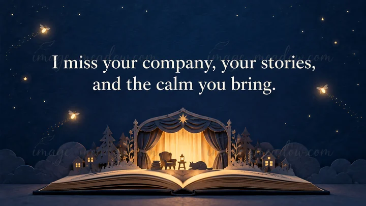 A sentimental I miss you greeting reads, “I miss your company, your stories, and the calm you bring.” An open storybook reveals a warmly lit stage, a chair, a t