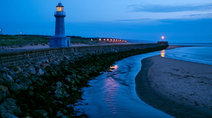 Illuminated lighthouse beside a rocky seawall and calm shoreline at blue hour.