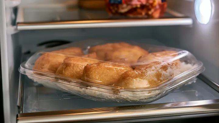 Inari sushi pockets filled with rice are arranged neatly in a transparent container inside a refrigerator.