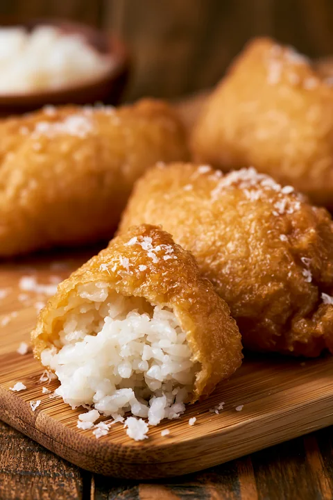 Inari sushi pockets filled with rice are arranged on a wooden board.
