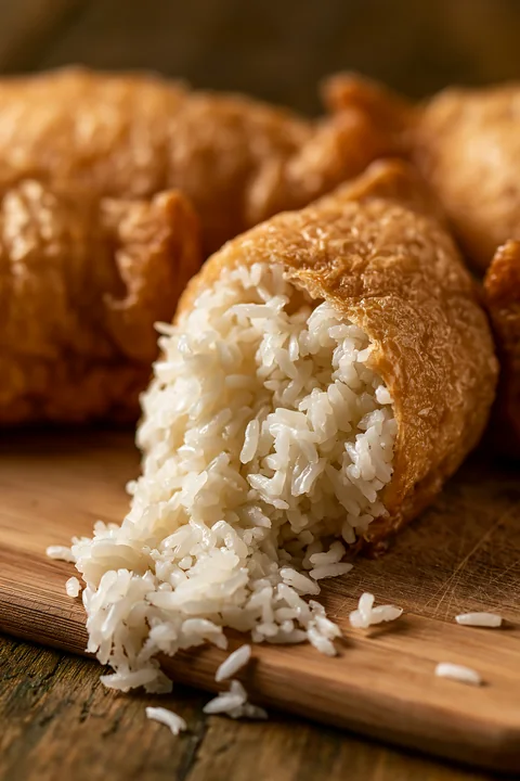 Inari sushi pockets filled with rice rest on a wooden cutting board.