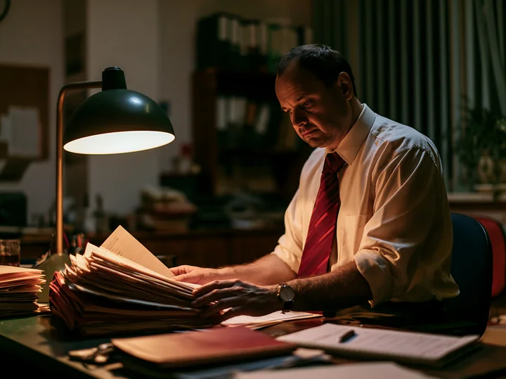 Investigator organizes stacks of case documents at a desk under a warm lamp in a dim office.