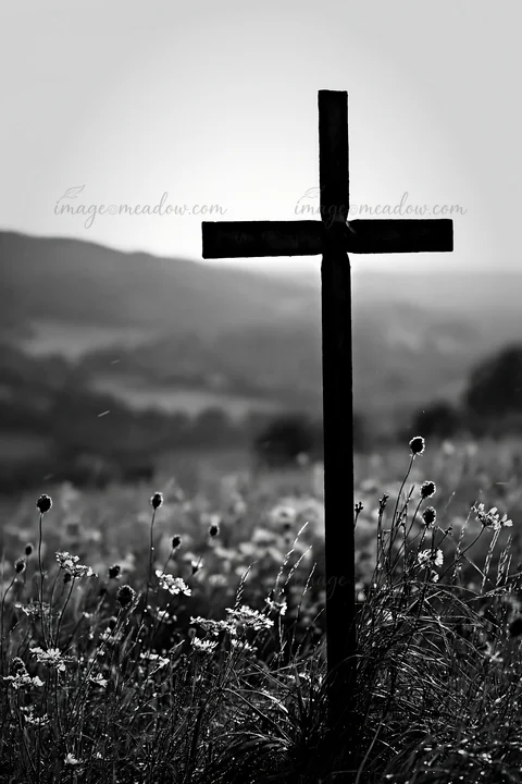 A Christian cross stands prominently in a valley meadow. The field is filled with flowers, and rolling hills are visible in the background. The scene captures t