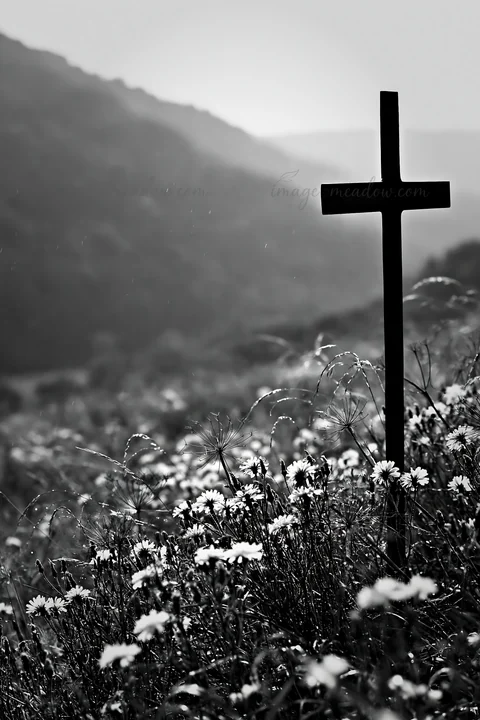 A black cross stands on a hillside, with a view of a valley filled with grass and flowers. The background shows mountains under a soft light. The setting captur