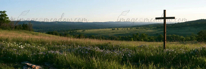 A Christian cross stands tall in a valley meadow during sunset. The landscape features green grass and wildflowers, with rolling hills in the background. The so