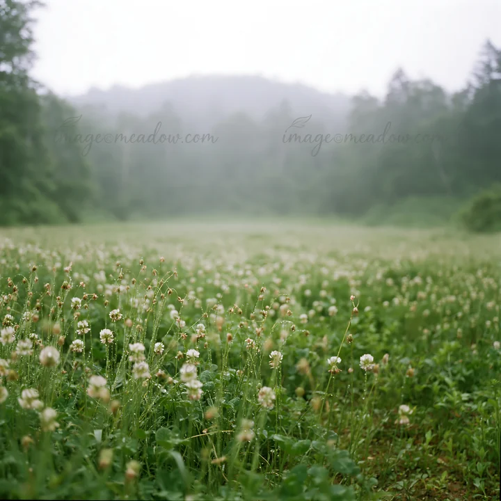 A meadow in Iwate is refreshed by rain, showcasing seedheads and wildflowers in the foreground. The background reveals a misty landscape with distant hills.