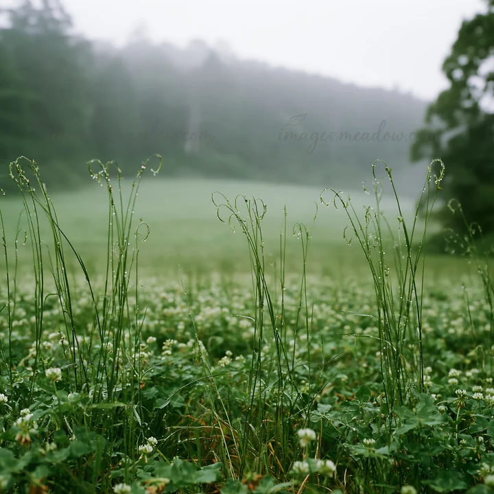 Fresh rain has fallen on a meadow in Iwate, with seedheads standing tall amidst the greenery. The misty setting adds a touch of depth to the landscape.
