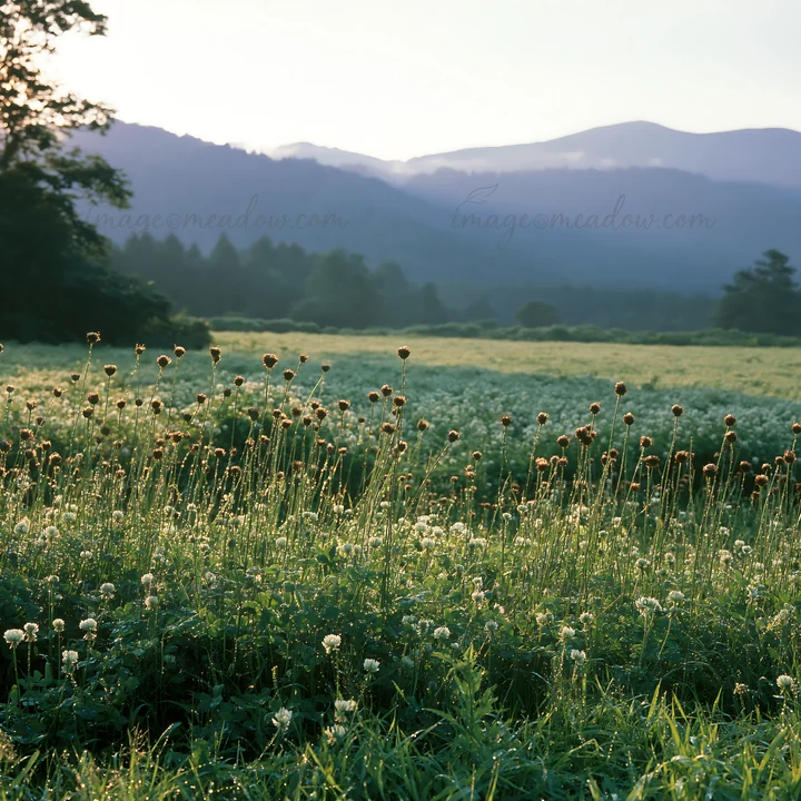 Meadow filled with seedheads after rain in Iwate, Japan. The scene shows distant mountains and a green field bathed in morning light.