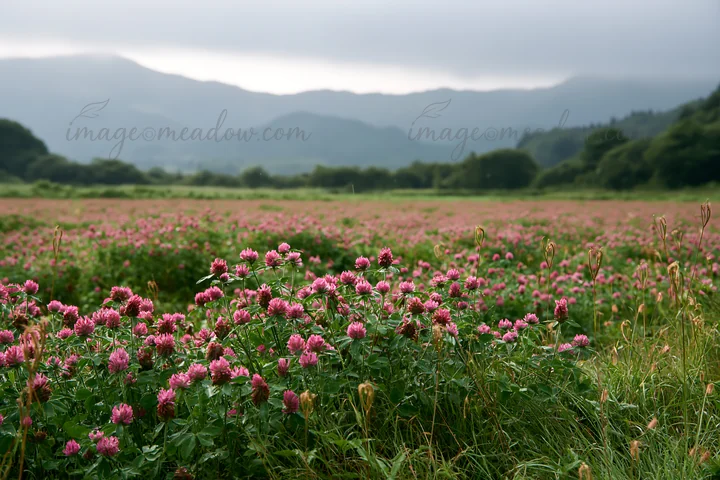 Meadow in Iwate with pink flowers, fresh from rain. Mountains in the background under cloudy skies. The scene showcases nature's green and vibrant colors after