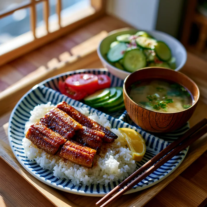 Japanese-style meal with glazed grilled eel over rice, soup, salad, lemon, and chopsticks on a sunlit wooden table.