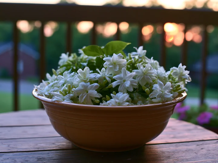 Jasmine flowers at dusk sit in a bowl on a wooden table with a soft glow from the setting sun.