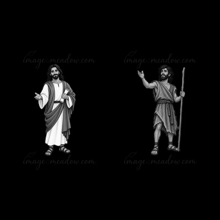 Two cartoon figures stand side by side. Jesus is dressed in robes and sandals, gesturing with one hand. John the Baptist, wearing simple clothing, holds a staff