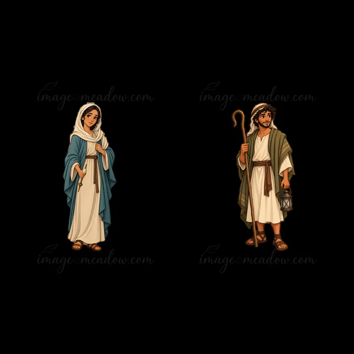 Mary stands on the left wearing a blue robe and white dress. Jesus is on the right, holding a lantern and a staff. They are arranged together in a transparent f