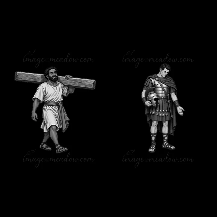 Jesus walking while carrying a cross. A Roman soldier stands next to him, observing the scene. The setting reflects a historical moment of significance.