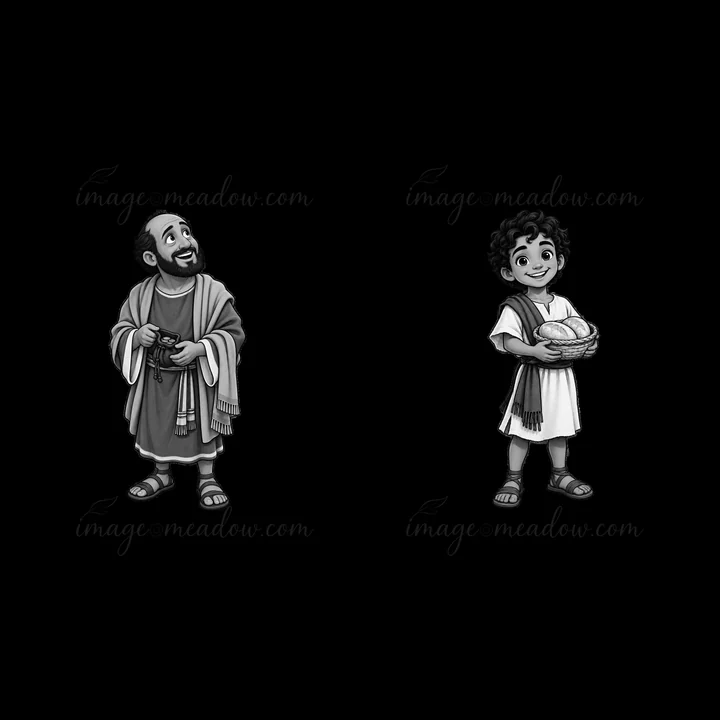 A cartoon illustration shows Jesus speaking with a young boy holding a basket of bread. They appear happy and engaged in conversation, set in a simple setting t