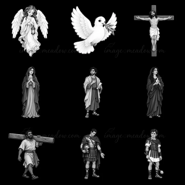 This illustration features Jesus on the cross surrounded by several figures including an angel, apostles, and various other characters in a 3x3 layout. The desi