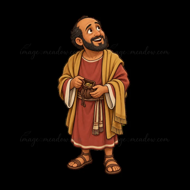 Jesus stands with a joyful expression, smiling while holding a small pouch. He wears a robe with earthy colors and a beige mantle. His hair is dark and curly, a