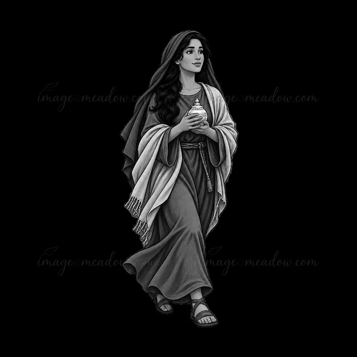 Jesus walks alongside a woman who is holding a jar. She wears a long robe and a shawl while walking with a peaceful expression. The scene suggests a moment of c