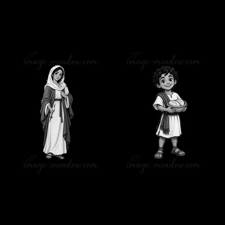 A young boy holds a basket of bread while standing next to a woman in robes. Both figures are drawn in a cartoon style. The scene may represent a biblical story