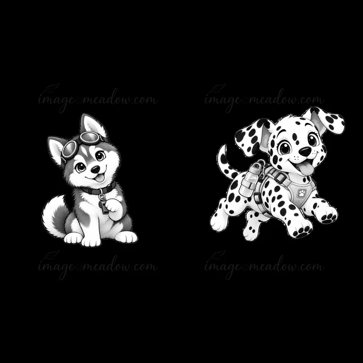 Two cartoon K-9 dogs are shown in a playful scene. One dog is a husky with goggles resting, while the other is a Dalmatian wearing a harness and running happily