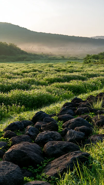 A view of a meadow in Kanagawa featuring volcanic stones scattered among green plants. The scene captures early morning light with mist hanging over the landsca