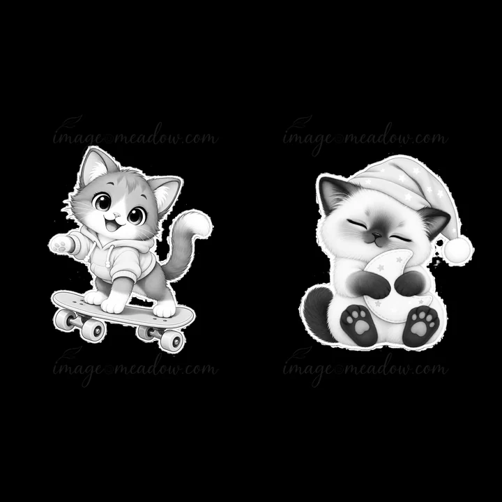 Two kawaii cat stickers are shown. One cat is skateboarding and smiling. The other cat is resting with a winter hat, holding a snowflake close. The design featu