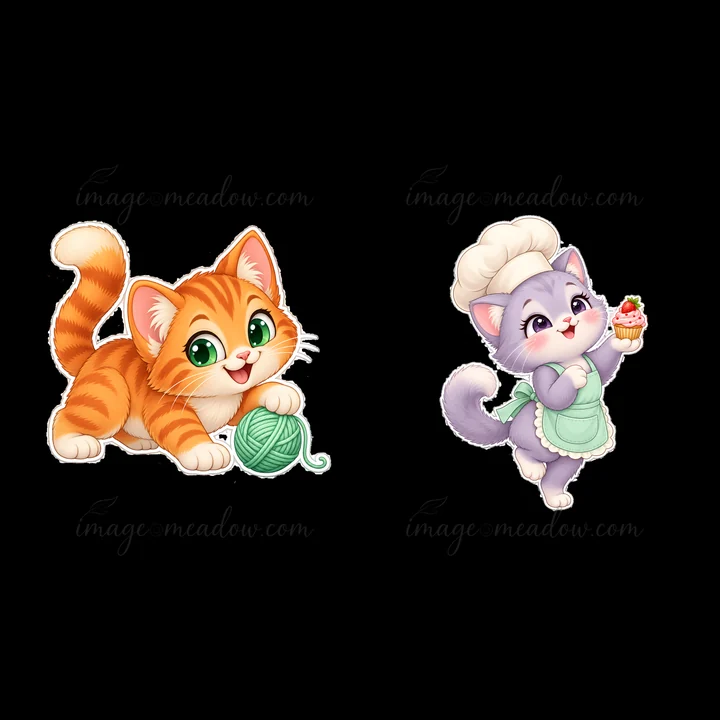 Two cute cartoon cat stickers show an orange tabby playing with yarn and a purple cat wearing a chef hat holding a cupcake. Both characters have large eyes and