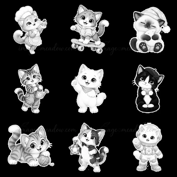 Nine kawaii cats are shown in a grid layout, each engaging in different activities. The cats include various breeds and expressions, showcasing playful and chee