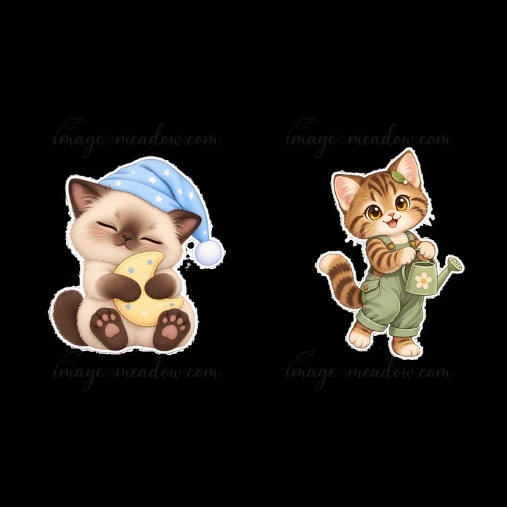 Two kawaii cats are having fun. One cat, with a blue hat, holds a toy. The other cat, wearing green clothes, stands with a watering can. They seem happy and eng
